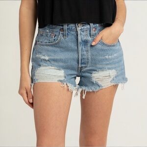 Levi's Original 501 Button Fly Distressed Light Blue Jean Shorts
